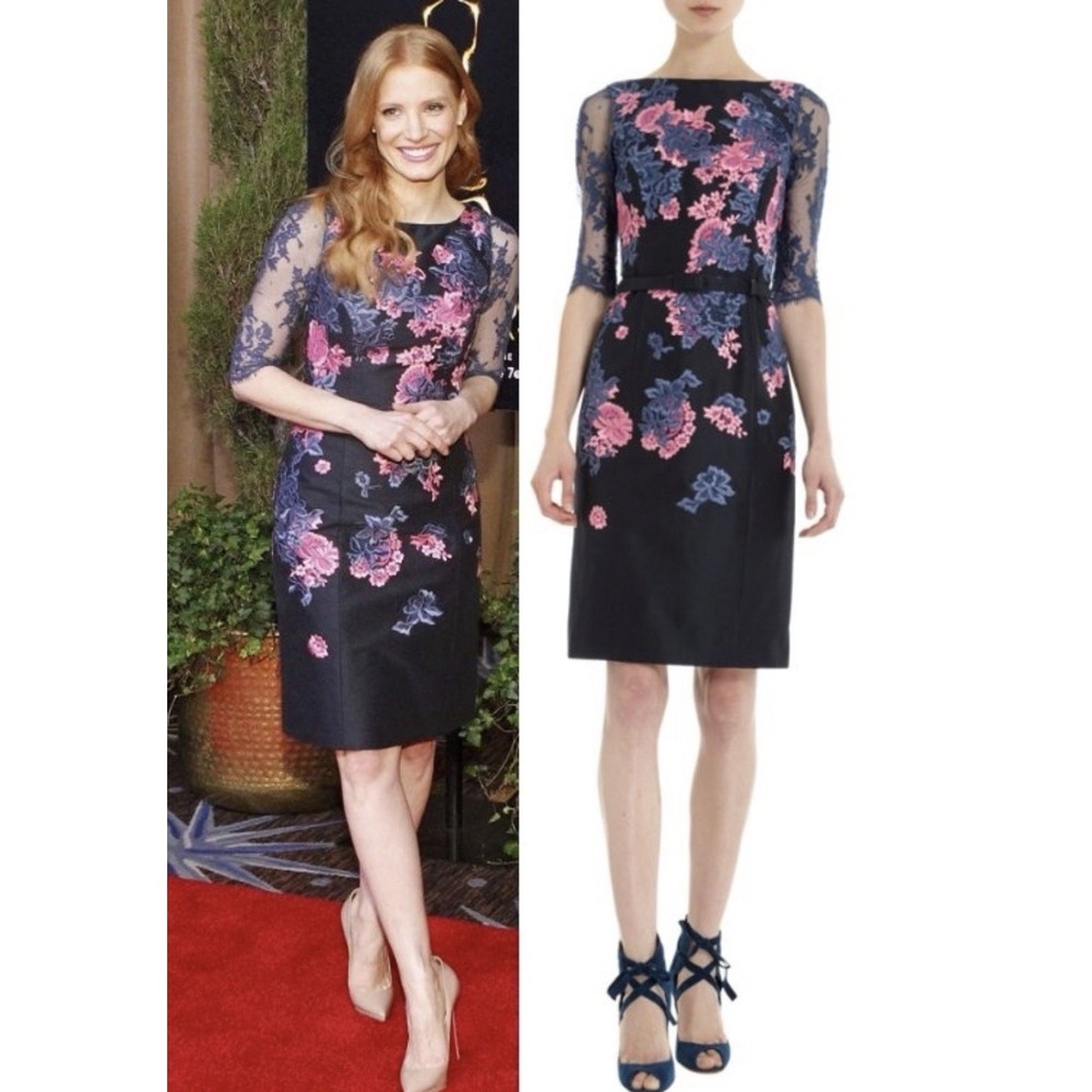 Erdem Silk Floral Lace Sheath Dress US 4 Navy Pink ASO Jessica Chastain Resort